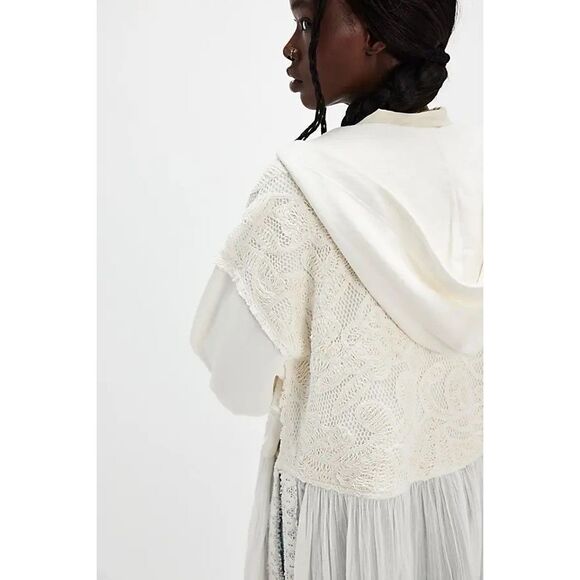 New Free People Float On Cardi Hooded Crochet Lace Sweatshirt Button Ivory S - Picture 3 of 13